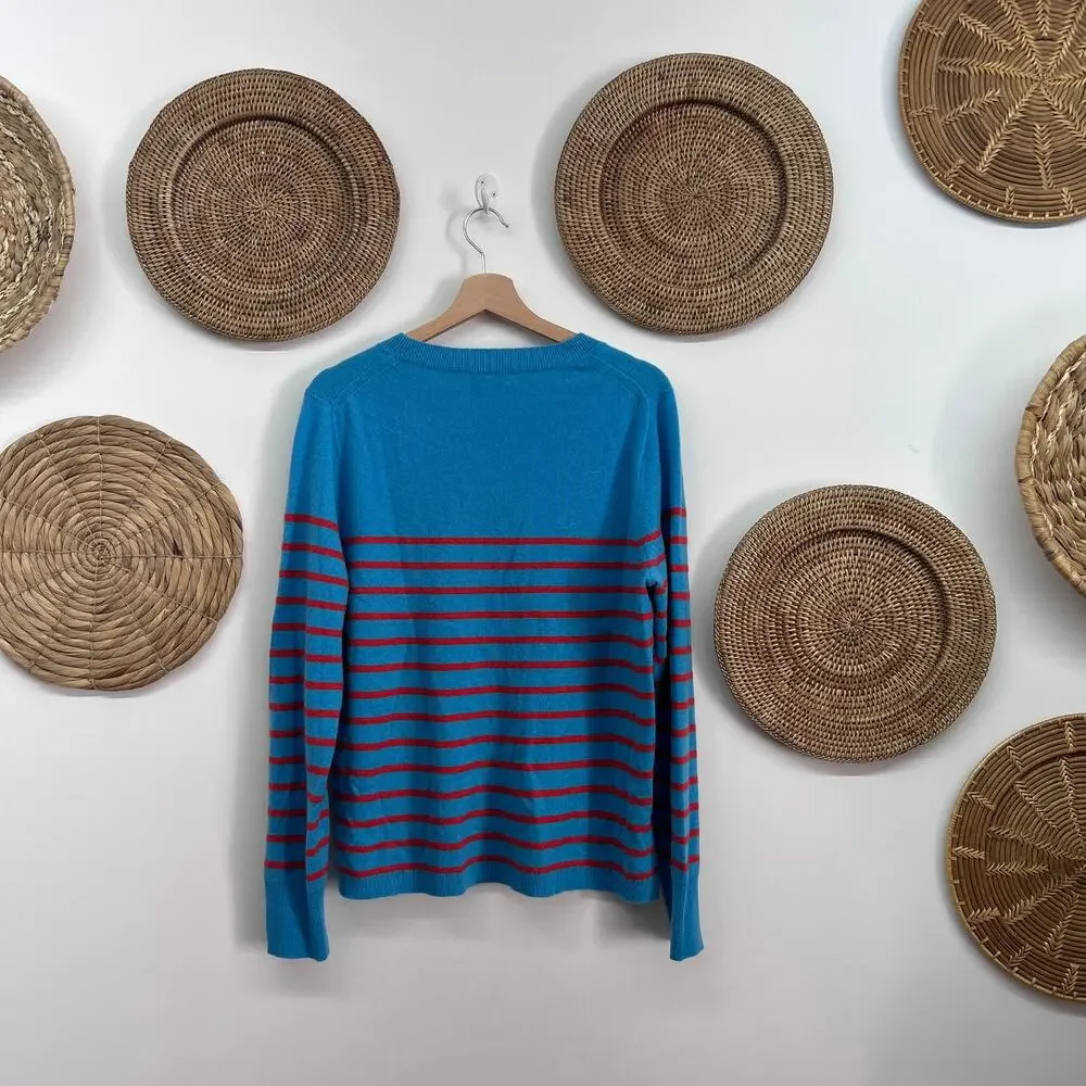 $148 J. Crew Cashmere Crew Neck Sweater XL Blue Orange Striped Soft Knit Preppy